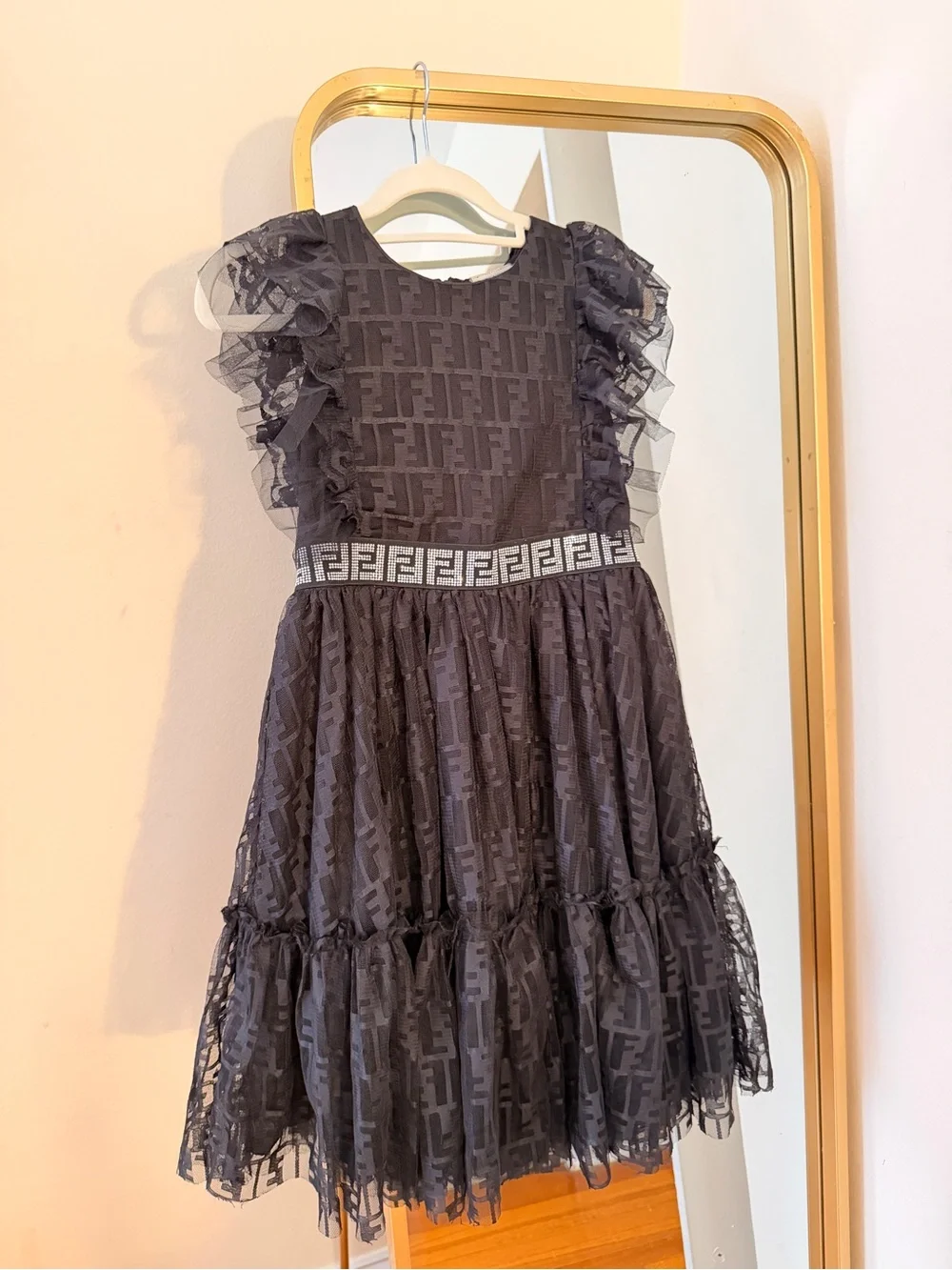Black Ruffle Tulle Kids Dress with Decorative Waistband